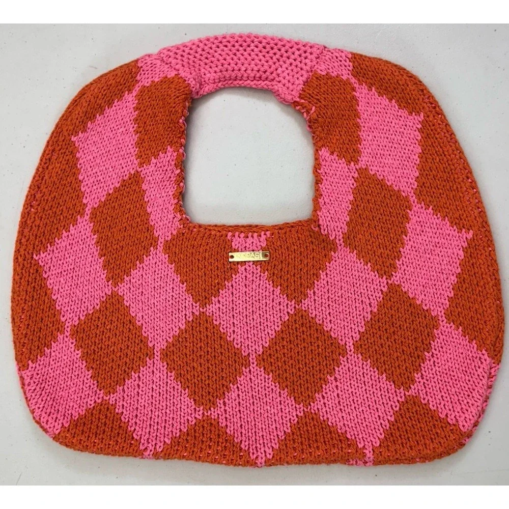 Kopari Limited Edition Knit Argyle Bag Pink Orange Woven Shoulder Hobo Purse